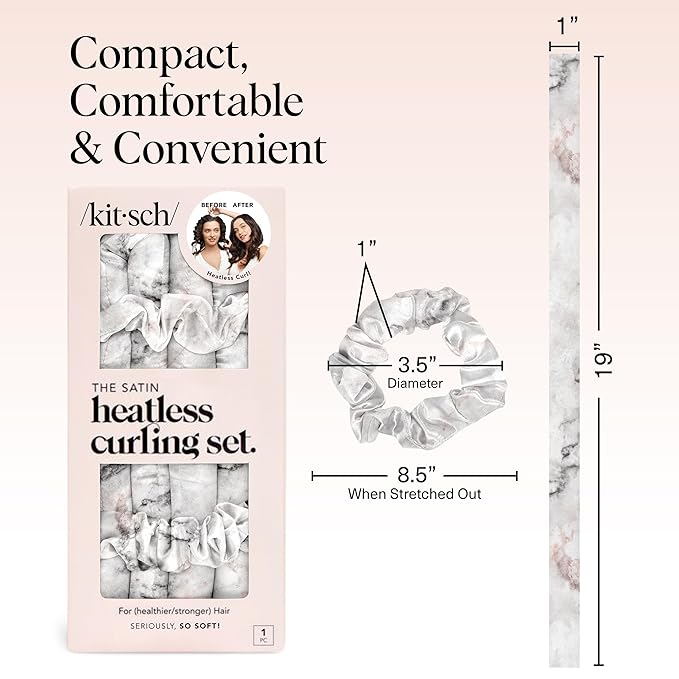 Kitsch Satin Heatless Curling Set – Heatless Curls Overnight with 34" Hair Curler & 2 Satin Scrunchies – Comfortable Hair Curlers to Sleep In for Frizz-Free, No Heat Damage Styling - Marble