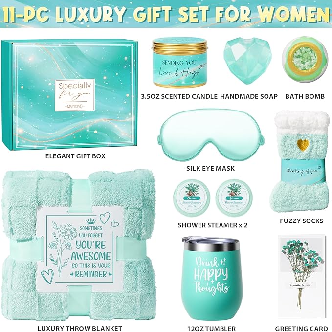 Birthday Gifts for Women, Self Care Get Well Soon Gift Baskets for Women, Ocean Relaxing Spa Gift Care Package with Blanket, Unique Valentines Day Gifts Idea for Her Wife Girlfriend Mom Friend Sister