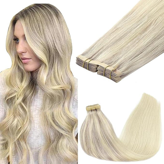 GOO GOO Tape in Hair Extensions Human Hair, 17/22/60 Ash Blonde to Golden Blonde and Platinum Blonde, 20inch 100g 40pcs, Skin Weft Seamless Invisible, Silky Straight with Thick Ends, Remy Human Hair