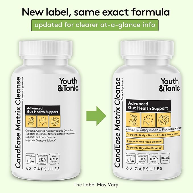 Youth & Tonic CandEase Cleanse Matrix – Overgrowth Support & Gut Health, Intestinal Flora Balance & Body Detox Complex with Oregano, Caprylic Acid, Digestive Enzymes, Probiotics, 60 Pills, Women & Men