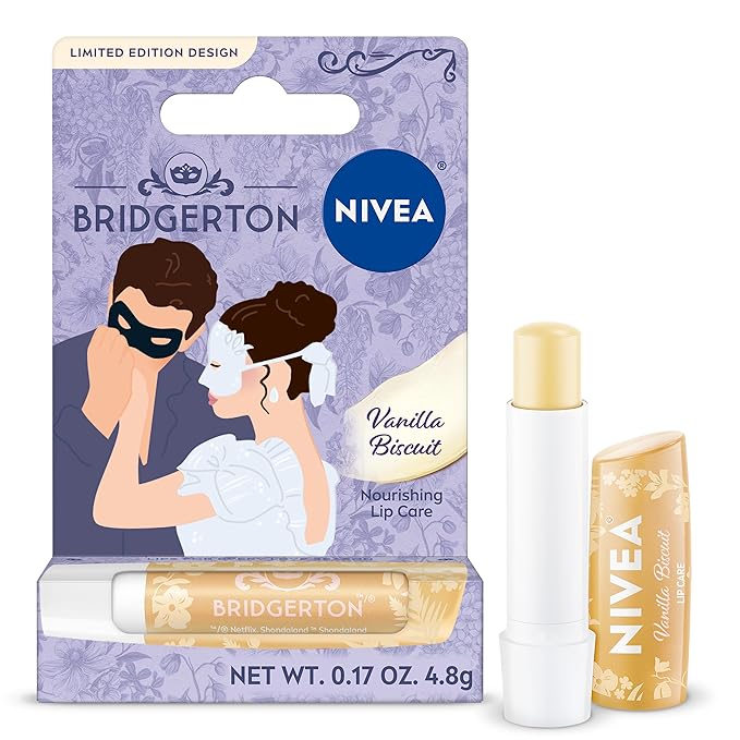 NIVEA Vanilla Biscuit Lip Balm, Nourishing Lip Care, Bridgerton Limited Edition Moisturizing Lip Balm with Shea Butter, 3-in-1 Moisture, Repair and Nourish, 0.17 Oz Stick