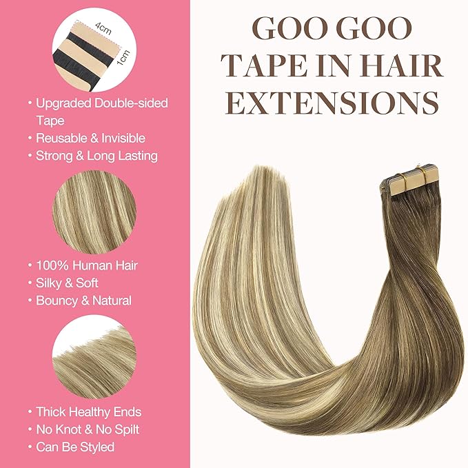 GOO GOO Tape in Hair Extensions Human Hair, 3/8/613 Walnut Brown to Ash Brown and Bleach Blonde, 18inch 50g 20pcs, Skin Weft Seamless Invisible, Silky Straight with Thick Ends, Remy Human Hair