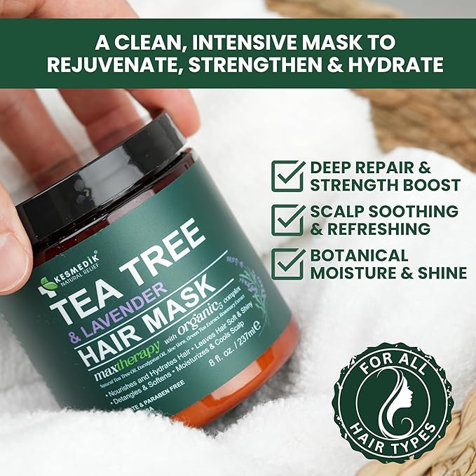 Tea Tree Lavender Mint Hair Mask with Biotin & Argan Oil, Deep Conditioning Hair Mask for Coarse & Dry Damaged Hair, Scalp Itch Relief, Hydrating Hair Mask for Men & Women | Tea Tree Hair Mask