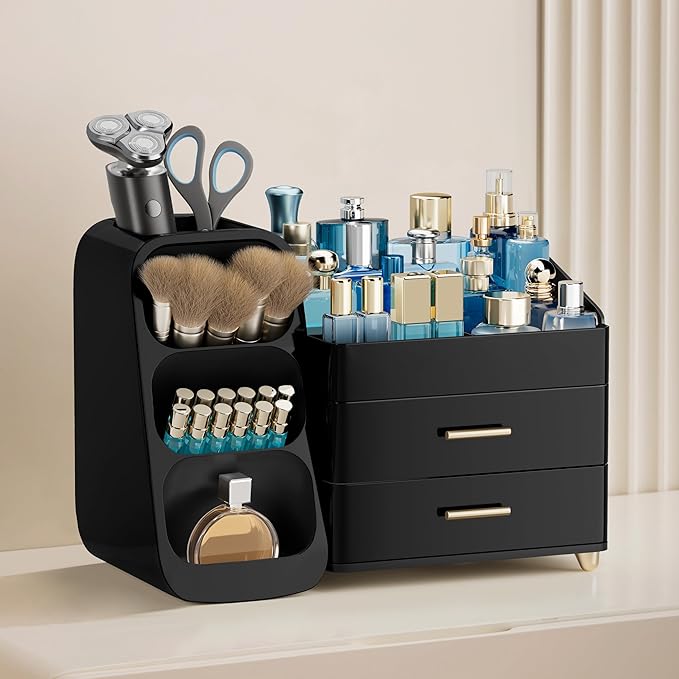 HBlife Makeup Organizer with Brush Holder for Vanity, Large Plastic Bathroom Countertop Organizer Skin Care Storage, Easy to Store Lipsticks, Nail Polishes, Perfumes, Eyeshadow Palettes, All Black