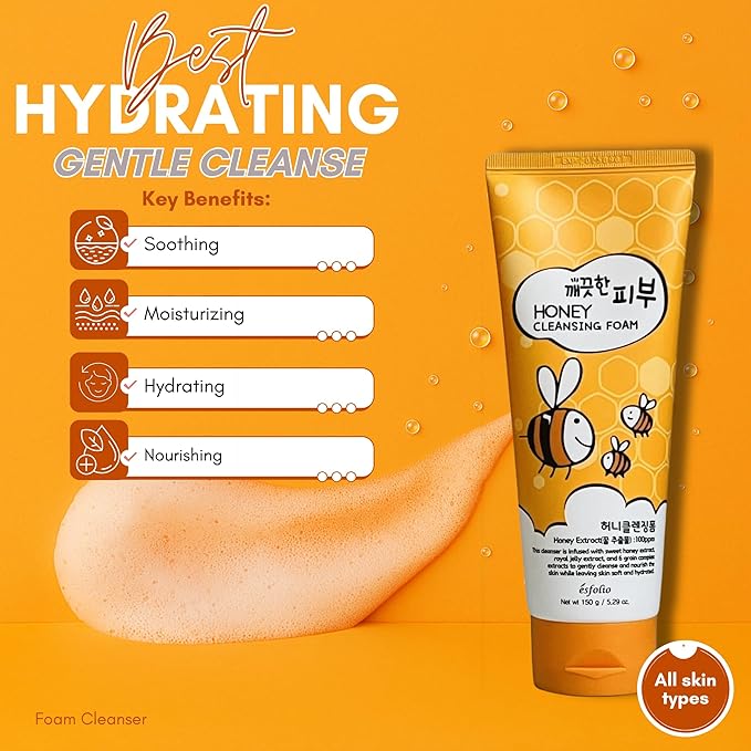 esfolio Honey Cleansing Foam – Hydrating Face Wash Dry & Sensitive Skin – Korean Skincare Cleanser Honey Deep Pore Cleansing, Moisturizing, Nourishing Facial Cleanser Smooth Skin (5.29oz -150g)
