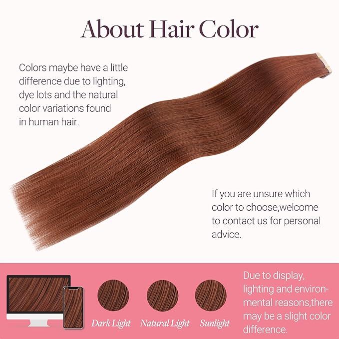 GOO GOO Tape in Hair Extensions Human Hair, #33B Dark Auburn Copper, 24inch 100g 40pcs, Skin Weft Seamless Invisible, Silky Straight with Thick Ends, Remy Human Hair