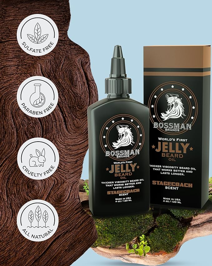Bossman Jelly Beard Oil for Men & Beard Balm for Men Combo - Softens, Tames Moisturizes & Conditions - Stagecoach Scent - Natural Ingredients & Made in USA