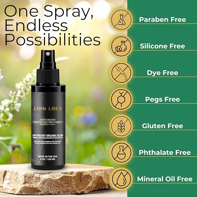 Lion Locs Rosewater Moisturizing Spray for Locs and Skin | Organic Vegan Conditioner Rose Water for All Hair Types