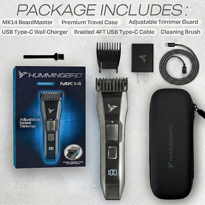 HUMMINGBIRD MK14 BeardMaster – Premium Beard Trimmer for Men, Precision Dial, Adjustable 20 Length Settings, Stainless Steel T-Blade, Cordless USB-C Rechargeable, Waterproof, LED Display, Travel Case