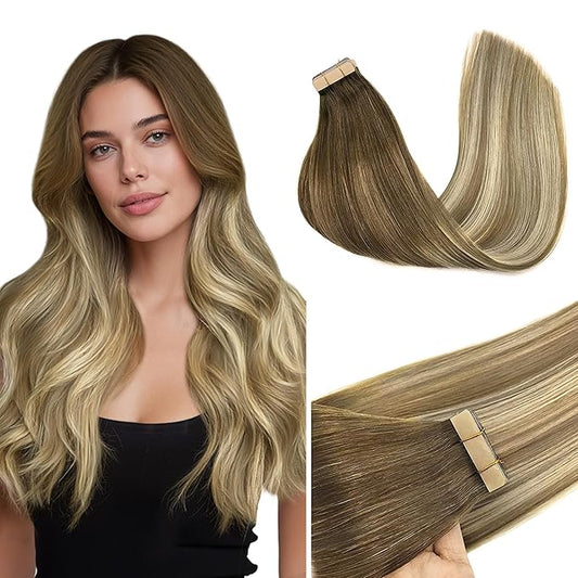 GOO GOO Tape in Hair Extensions Human Hair, 3/8/613 Walnut Brown to Ash Brown and Bleach Blonde, 20inch 50g 20pcs, Skin Weft Seamless Invisible, Silky Straight with Thick Ends, Remy Human Hair