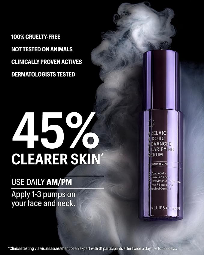 Allies of Skin Azelaic & Kojic Clarifying Face Serum | Clinically Proven for Acne & Blemish Prone Skin |10% Azelaic Acid Treats Pigmentation and Redness | Targets Pores & Uneven Skin Texture (1 Fl oz)