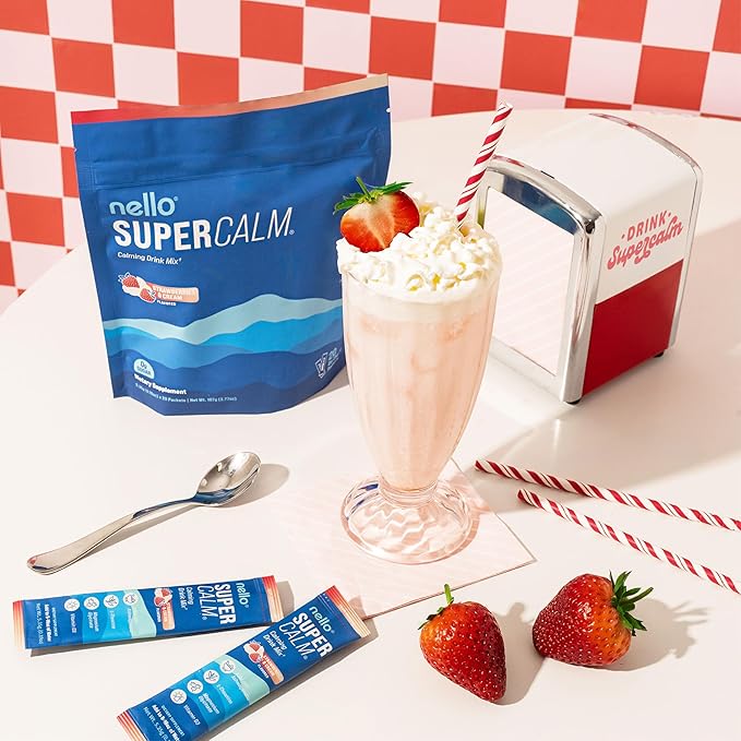 Nello Supercalm Powdered Drink Mix, Cortisol Reducer*, Sleep Aid Supplement, L Theanine, Ksm-66 Ashwagandha, Magnesium Glycinate, Vitamin D 3, No Sugar, Non GMO, 20 Ct, Strawberries & Cream