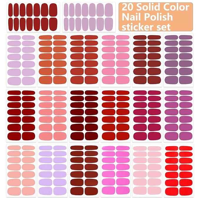 WOKOTO 20 Sheets Red Series Solid Color Full Nail Wraps with Nail File Self-Adhesive Nail Polish Stickers Real Nail Polish Strips for Women Stick On Nails Strips
