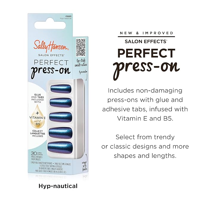 Sally Hansen Salon Effects Perfect Press-On Nails | Coffin Shape | Easy to Apply, Non-Damaging | 30 Nails, Nail Glue, Adhesive Tabs, File | HYP-Nautical