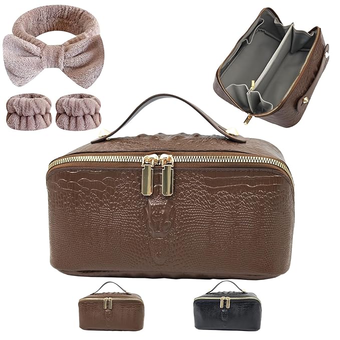 Makeup Bag, Travel Toiletry Bag for Women, Large Capacity Waterproof Crocodile Pattern PU Leather Cosmetic Bags Make Up Organizer Bags with Headband and Wristband Set (Brown)