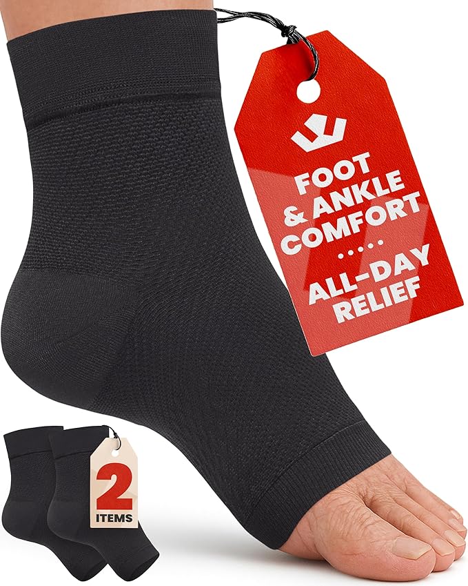 KEMFORD Ankle Compression Sleeve - 1-Pair, Plantar Fasciitis Braces - Open Toe Compression Socks for Swelling, Sprain, Neuropathy, Foot Arch Support for Men and Women - 20-30mmhg, 2XL, Black
