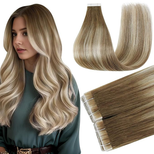 Full Shine Tape Hair Extensions Real Human Hair Color 3 Dark Brown Ombre 8 Ash Brown And 22 Balayage Remy Tape in Human Hair 16Inch 40G Protect Natural Extension 20Pcs Add Volume