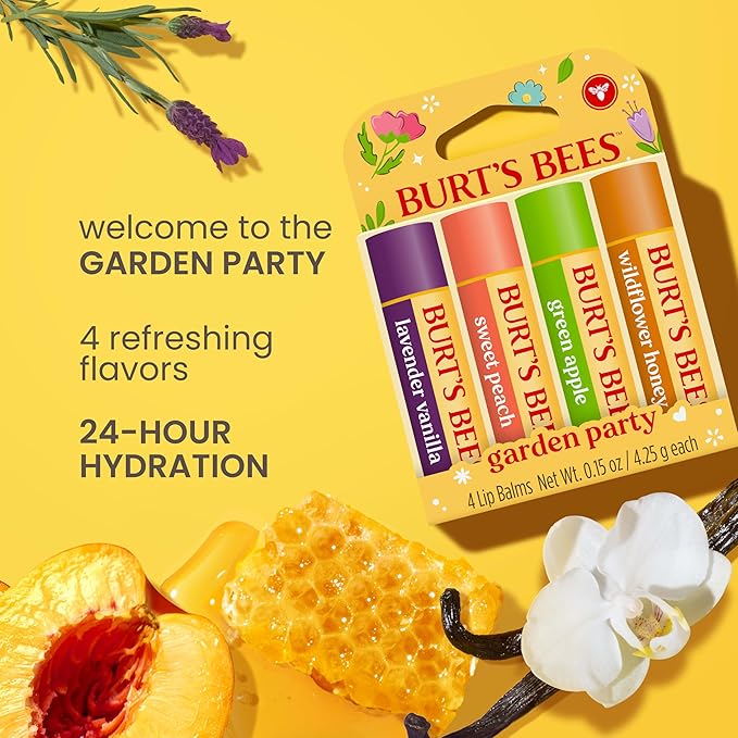 Burt's Bees Gifts Ideas - Garden Party Lip Balm Set, Lavender Vanilla, Sweet Peach, Green Apple, Wildflower Honey, With Responsibly Sourced Beeswax, Natural Origin Lip Treatment, 4 Tubes, 0.15 oz.