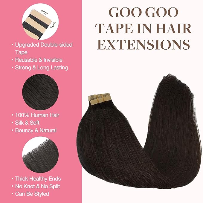 GOO GOO Tape in Hair Extensions Human Hair, 2 Dark Brown, 22inch 50g 20pcs, Thick Ends Straight Seamless, Invisible