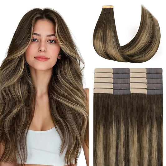 GOO GOO Tape in Hair Extensions Human Hair, 4/27/4 Balayage Chocolate Brown to Caramel Blonde, 10inch 30g 20pcs, Skin Weft Seamless Invisible, Silky Straight with Thick Ends, Remy Human Hair