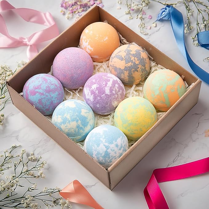 FlowBedolent Bath Bombs for Women, 9pcs Handmade Bubble Bath Bombs with Natural Essential Oils, Perfect Valentine‘s Day Gift for Wife and Girlfriend, as Well as Wonderfull Mother's Day Gift for Mom