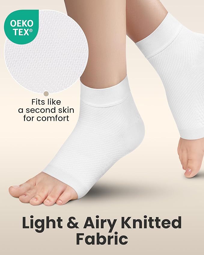 KEMFORD Ankle Compression Sleeve - 1-Pair, Plantar Fasciitis Braces - Open Toe Compression Socks for Swelling, Sprain, Neuropathy, Foot Arch Support for Men and Women - 20-30mmhg, M, White