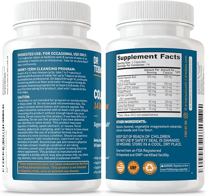 Dr. Tobias Colon Cleanse - Constipation Relief & Gut Health Support for Women & Men | 14 Day Colon Cleanser for a Gentle Colon Detox & Gut Flush - 2 Bottles of 28 Capsules