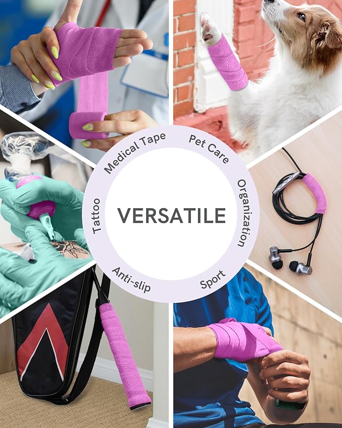 FriCARE Self Adhesive Bandage Wrap, Medical Tape in First Aid Kit, Cohesive Bandages for Wounds Sport Vet, 2 Inches X 5 Yards 6 Rolls, Fluorescent Purple