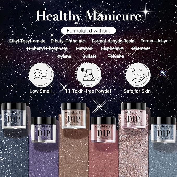AZUREBEAUTY Dip Powder Nail Set 6 Colors Dark Light Blue Purple Brown Wine Red Shimmery Sparkle Shiny Fall Winter Dipping Powder Starter Kit French Nail Art Manicure Salon No Need Nail Lamp Cured