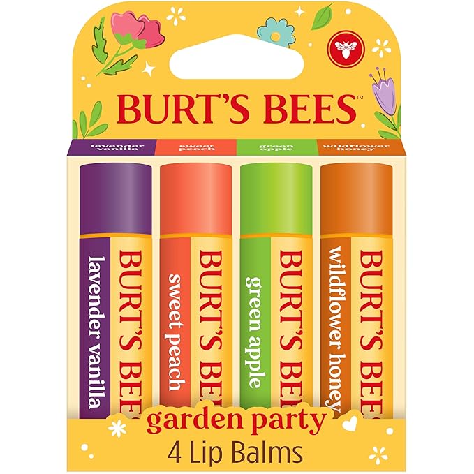 Burt's Bees Gifts Ideas - Garden Party Lip Balm Set, Lavender Vanilla, Sweet Peach, Green Apple, Wildflower Honey, With Responsibly Sourced Beeswax, Natural Origin Lip Treatment, 4 Tubes, 0.15 oz.