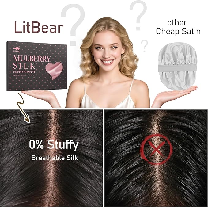 LitBear 100% Mulberry Silk Bonnet for Sleeping Women, 22 Momme Silk Hair Wrap with Elastic Band for Long Short Curly Hair