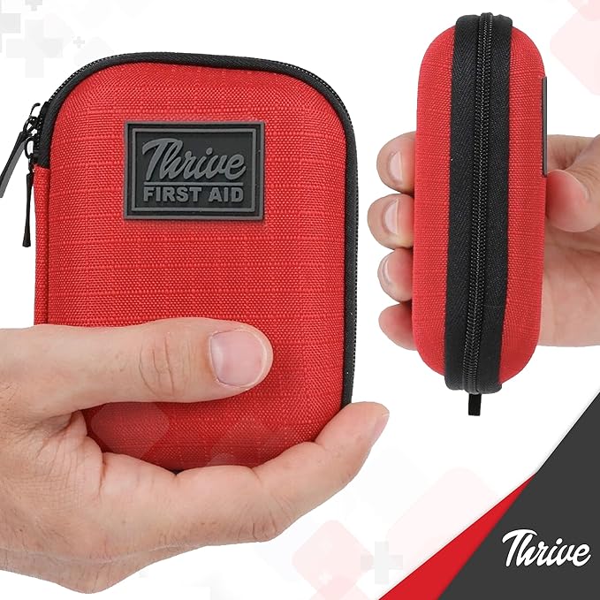 Thrive Mini First Aid Kit - Compact Travel Essentials for Camping & Cruise, Waterproof Survival Med Kit for Hiking, Portable Emergency Hiking Supplies Pouch, 66-Piece, Red Shell Case