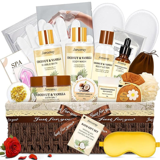 22PCS Valentines Day Spa Gift Baskets for Women, Luxury Bath and Body Gift Basket Set for Women Coconut Vanilla Spa Kit Relaxing Spa Self Care Gift for Her Wife Lover Mom Sister Friend