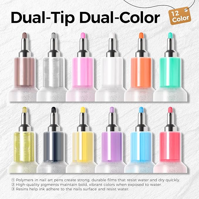 12 Colors Nail Art Pens Set, 0.5mm Fine Tip Nail Art Markers Polish Pen for 3D Nail Art, Quick-Drying Acrylic Paint MarkerPen Drawing Painting Liner Brush for DIY Nail Art Manicure Tool