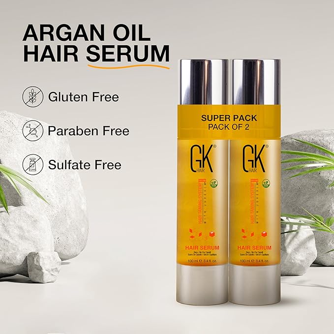 GK HAIR Oil For Curly hair- Organic Argan Oil for Dry, Damaged Hair - Frizz Control Serum Upto 72 hours - Best For repair, Shine & Smoothening Pack of 2 (3.4 Oz)