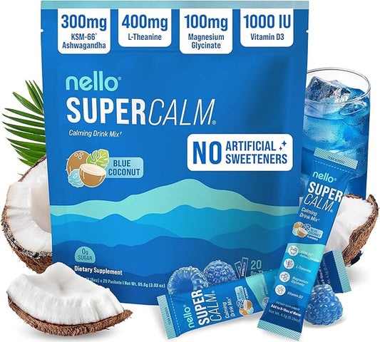 Nello Supercalm Drink Mix with Magnesium Glycinate, KSM 66 Ashwagandha, Vitamin D3 and L Theanine, Calm Powder Supplements for Relaxation Support, No Sugar, Travel Packets, 20 Ct, Blue Coconut