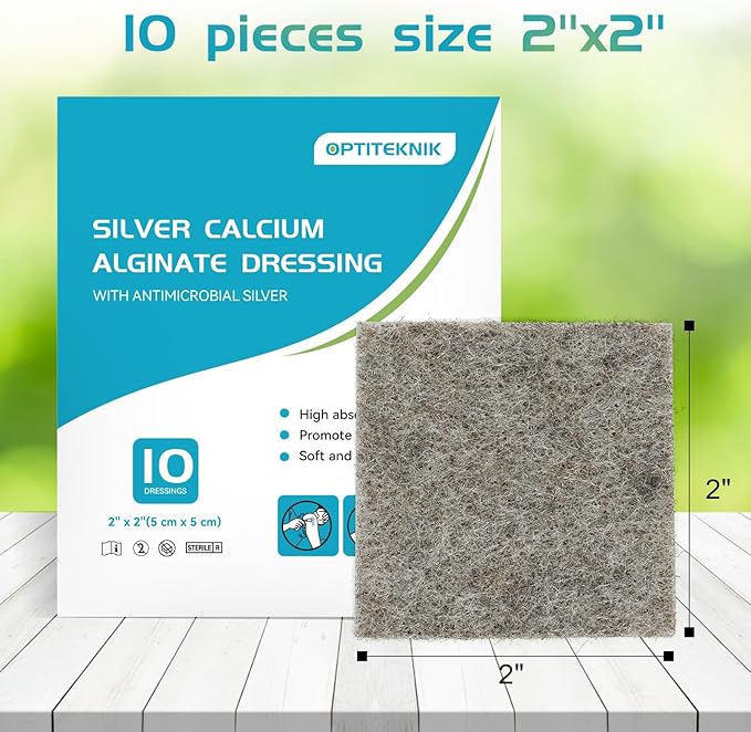 Ag Silver Calcium Alginate Wound Dressing Pads 2"x2" Pack of 10, Soft Silver Dressings for Wound Care, Gentle Highly Absorbent Dressing, Non Stick Gauze Pads for Wounds