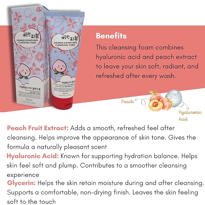 esfolio Hyaluronic Acid with Peach Cleansing Foam Face Wash – Moisturizing Facial Cleanser – Gently Removes Dirt, Oil & Impurities – Soft Creamy Foam with Hydrating Formula (5.29oz -150g)