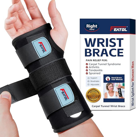 FEATOL Wrist Brace Hand Brace, Carpal Tunnel Wrist Splint Night Support for Women Men, Pain Relief Support -Tendonitis, Arthritis, Sprain, Right Hand, Small/Medium