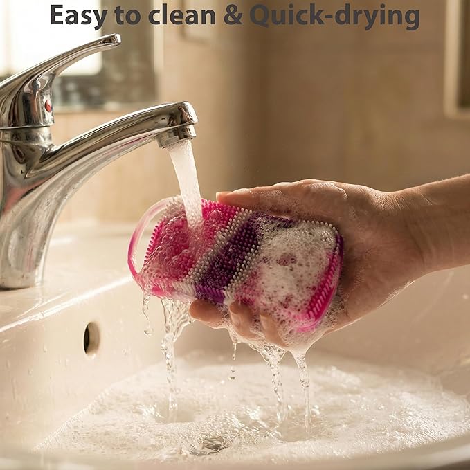 2 PC Silicone Body Scrubber, 2 in 1 Exfoliating Shower Bath Scrubber, Soft Silicone Loofah for Sensitive Skin, Shower Hair Scalp Massager, Easy to Clean, Lather Well (Purple & Yellow)