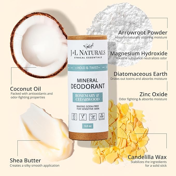 J&L Naturals Mineral Deodorant | Baking Soda-Free, 100% Natural, Sustainable | Sensitive Deodorant For Women & Men | Aluminum Free, Vegan, Cruelty-Free (Rosemary & Cedarwood, 3 Oz (Pack of 2))
