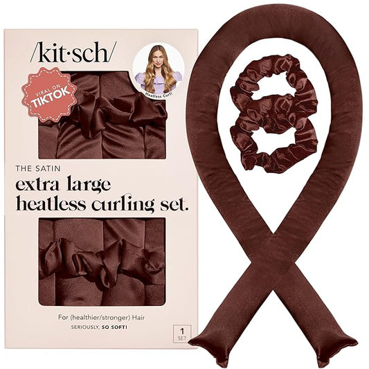 Kitsch Satin Heatless Hair Curler Set - Heatless Curls Overnight with Hair Curler & 2 Satin Scrunchies - Hair Curlers to Sleep in for Overnight Curls - Overnight Blowout Rods - Chocolate