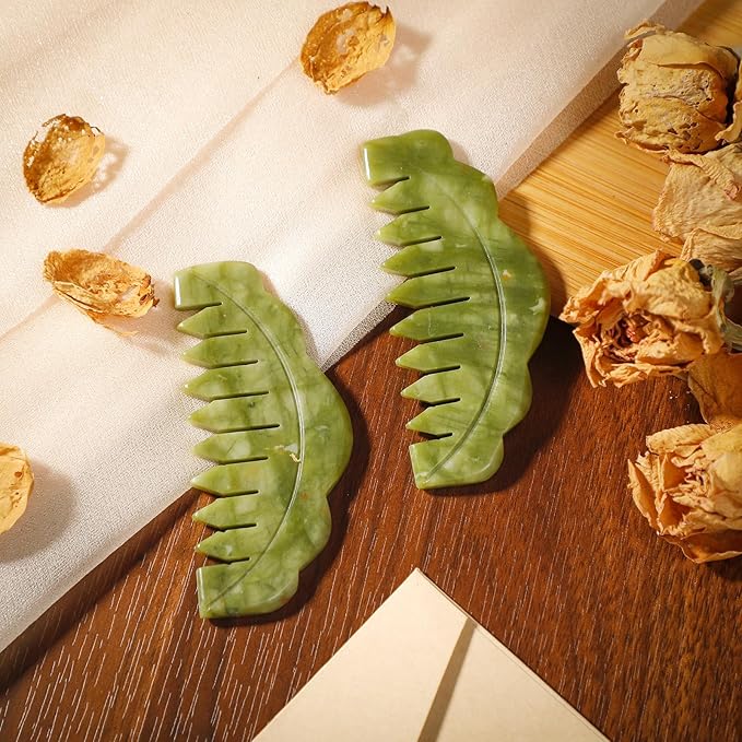 Geiserailie 2 Pcs Jade Combs Esthetician Supplies Massage Stone Hair Gua Sha Scraping Scalp Comb Facial Massage Tool Handheld Head Tools Head Caring Therapy Valentines for Women(Plain Style)