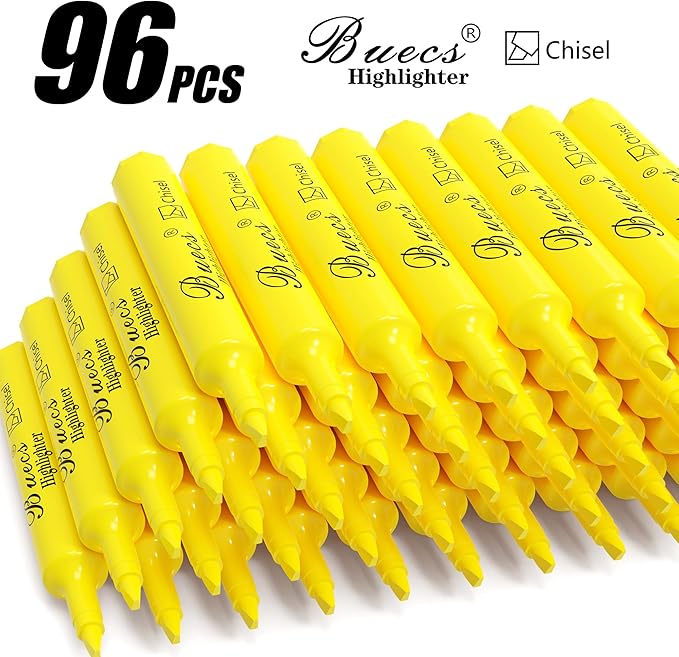 Buecs Highlighters Bulk Pack, 96 Count, Chisel Tip,Fluorescent Yellow, suitable for Adults Highlighting Planner Notes, Office School Supplies