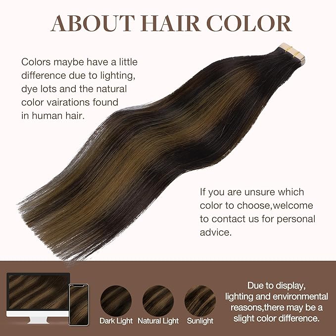 GOO GOO Tape in Hair Extensions Human Hair, 2/6/2 Balayage Dark Brown to Chestnut Brown, 24inch 50g 20pcs, Thick Ends Straight Seamless, Invisible