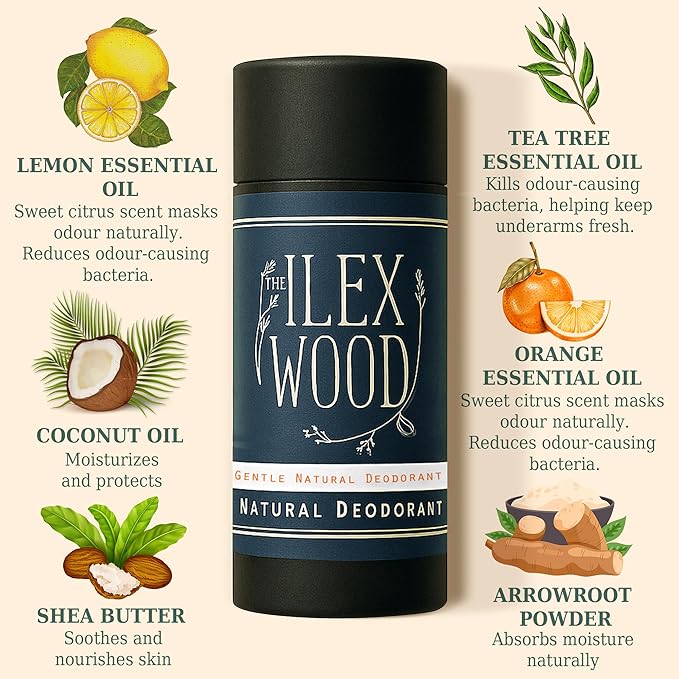The Ilex Wood Natural Deodorant - 2.4fl oz. Handmade, Aluminum Salt Free, Plastic Free, Cruelty and Alcohol Free, Vegan, Eco Friendly Cardboard Tube - Gentle Citrus Oils, Sodium Bicarbonate Free.