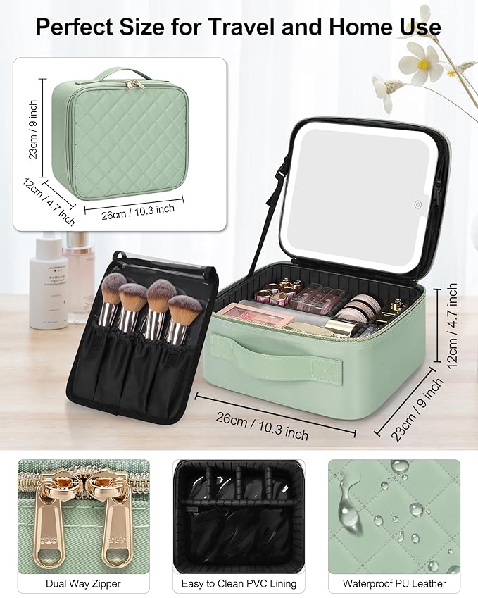 Relavel Travel Makeup Bag With LED Mirror, Portable Cosmetic Organizer Bag with Adjustable Brightness in 3 Color Scenarios, Small Train Case with Detachable Dividers for Trip- Green