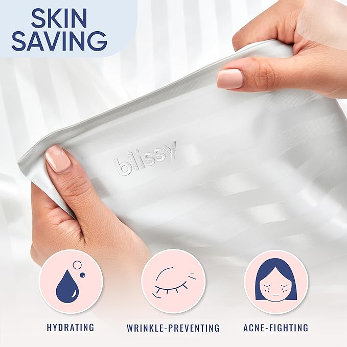 Blissy Silk Pillowcase - 100% Pure Mulberry Silk - 22 Momme 6A High-Grade Fibers - Silk Pillow Cover for Hair & Skin - Regular, Queen & King (White Striped, Queen)