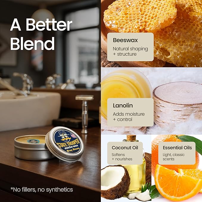 Mustache Wax - Medium Hold - Bay Rum Scent - Two Ounce Tin