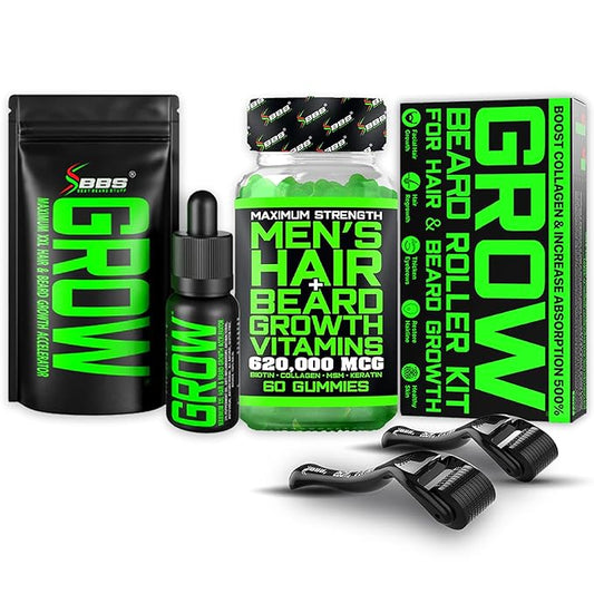 GROW Beard Oil + Biotin Hair Vitamins Gummies + Facial Derma Roller Kit – Ultimate Beard Growth Kit for Men – Fills Patches, Stimulates Growth, Thickens Beard